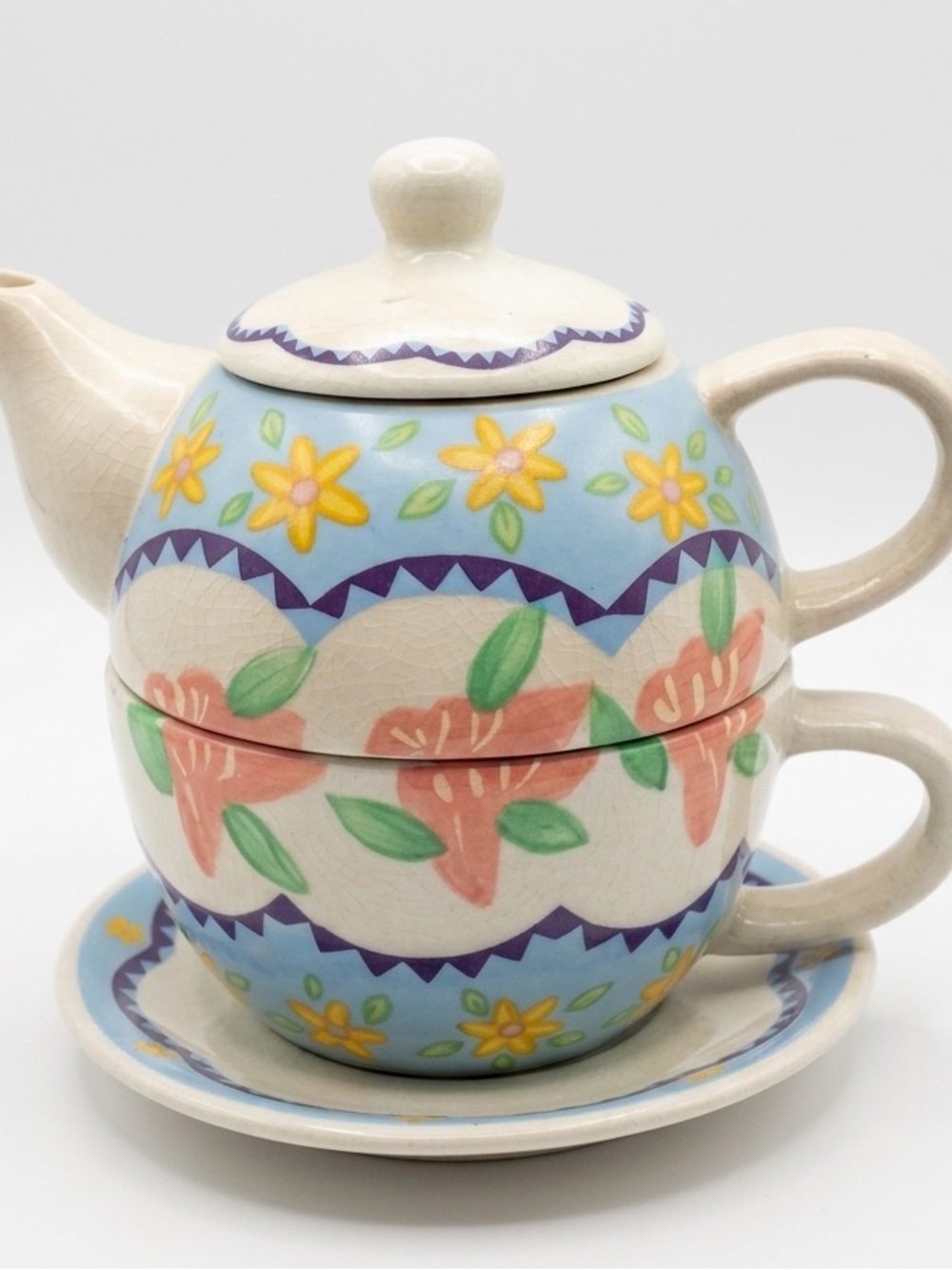 Barnes & Noble Cream Glazed Ceramic 4 piece tea set with floral accents